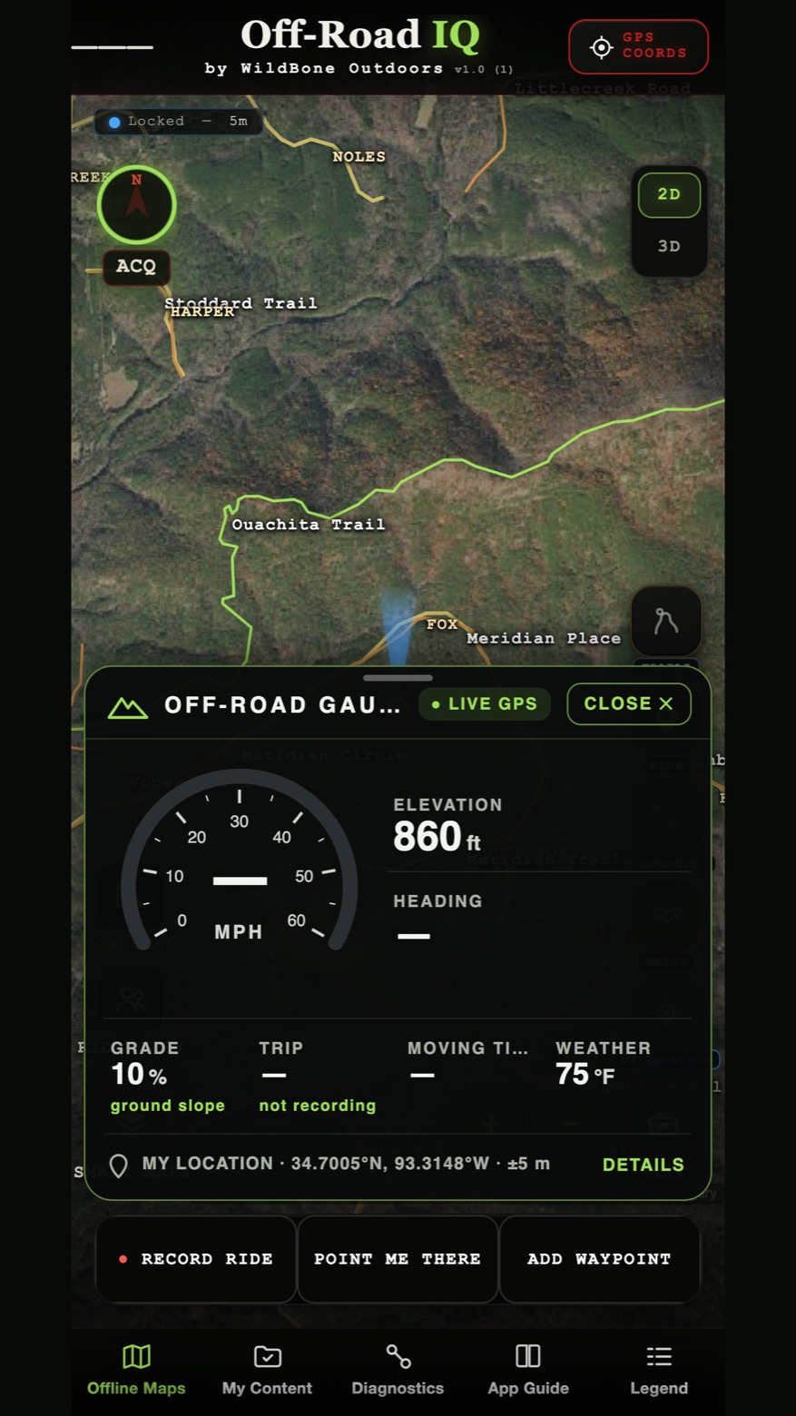 Off-Road IQ gauges: speed, elevation 860 feet, heading, grade 10 percent, trip, moving time and weather